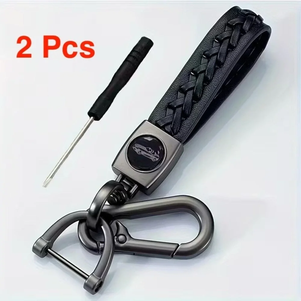 Set of 2 Black‎ Braided Faux Leather Anti-Lost Car Keychain Set Key Ring Lanyar